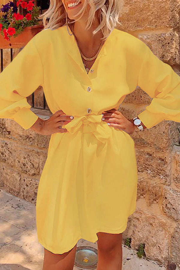 Plain Casual Lace-up Shirt Dress - Mislish