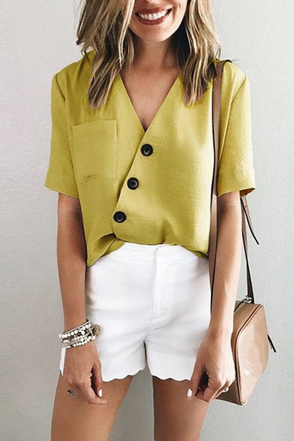 Plain V-neck Button Up Pocket Patched Blouse