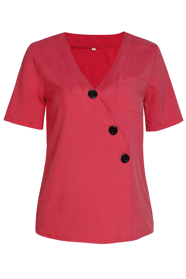 Plain V-neck Button Up Pocket Patched Blouse - Mislish