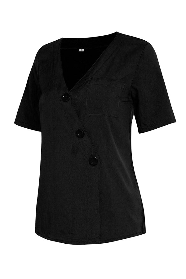 Plain V-neck Button Up Pocket Patched Blouse - Mislish