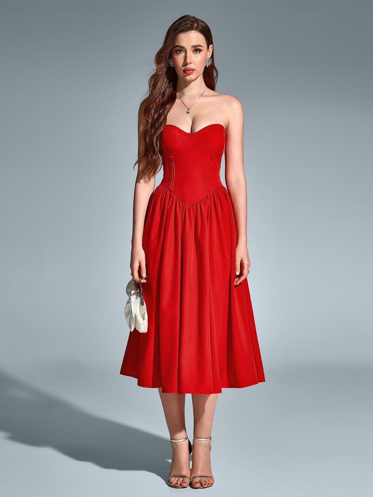 Strapless Sweetheart Corset Fit and Flare Midi Dress