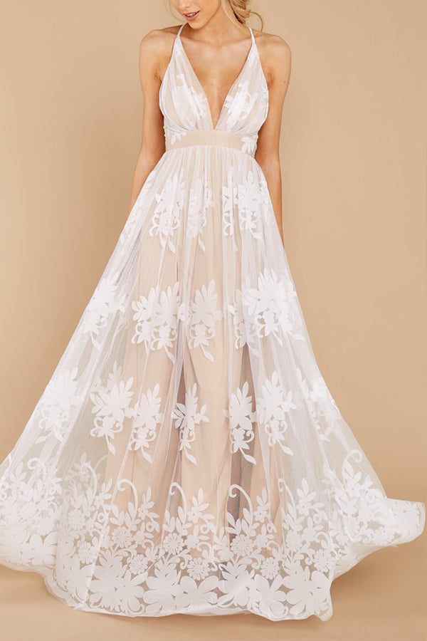 Plunge Neck Sleeveless Mesh Prom Dress - Mislish