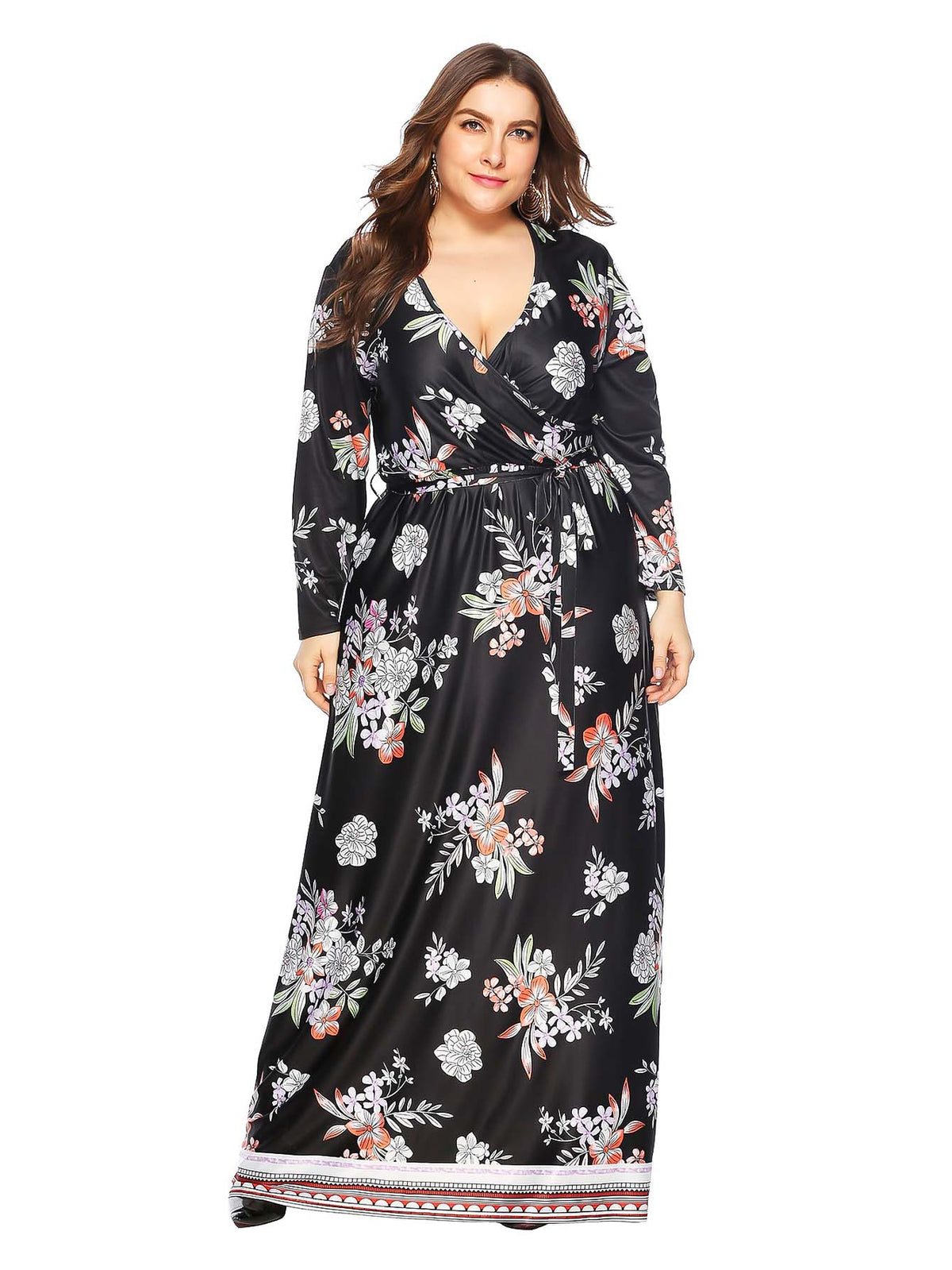 KittenAlarm - Plus Allover Floral Print Self Tie Maxi Dress