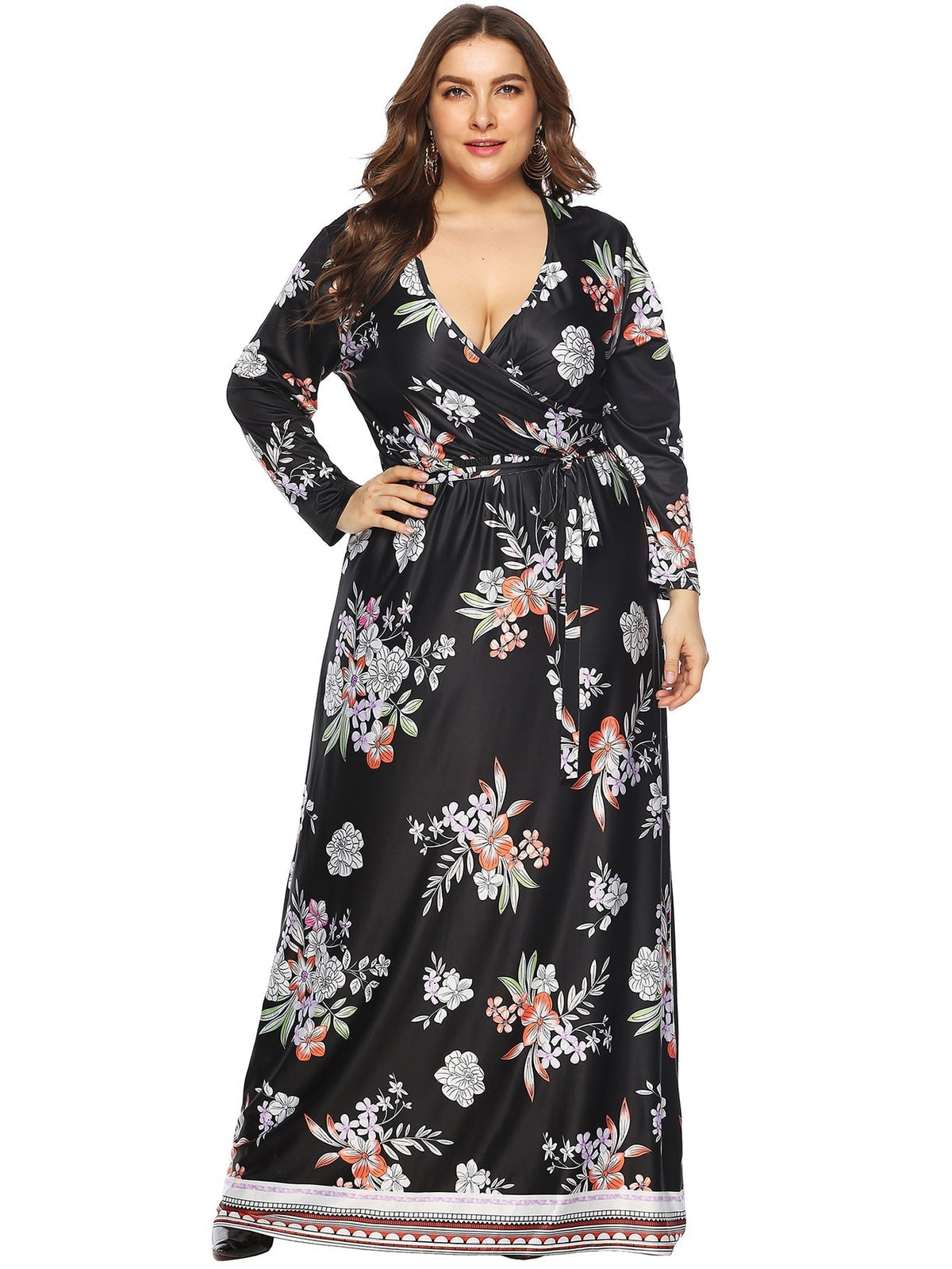 KittenAlarm - Plus Allover Floral Print Self Tie Maxi Dress