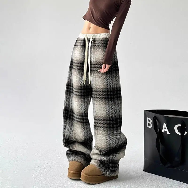 Plaid Fleece High Waist Casual Pants