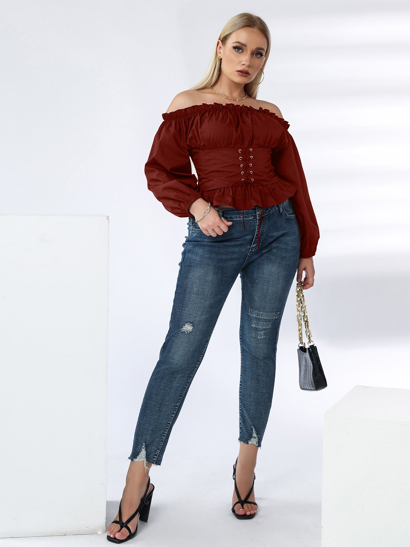 Plus Off Shoulder Lace Up Ruffle Hem Peplum Blouse - Fashionpara