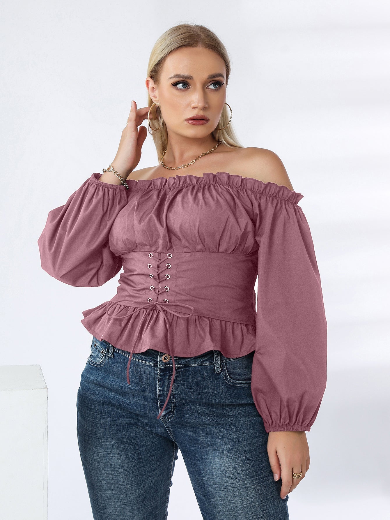 Plus Off Shoulder Lace Up Ruffle Hem Peplum Blouse - Fashionpara