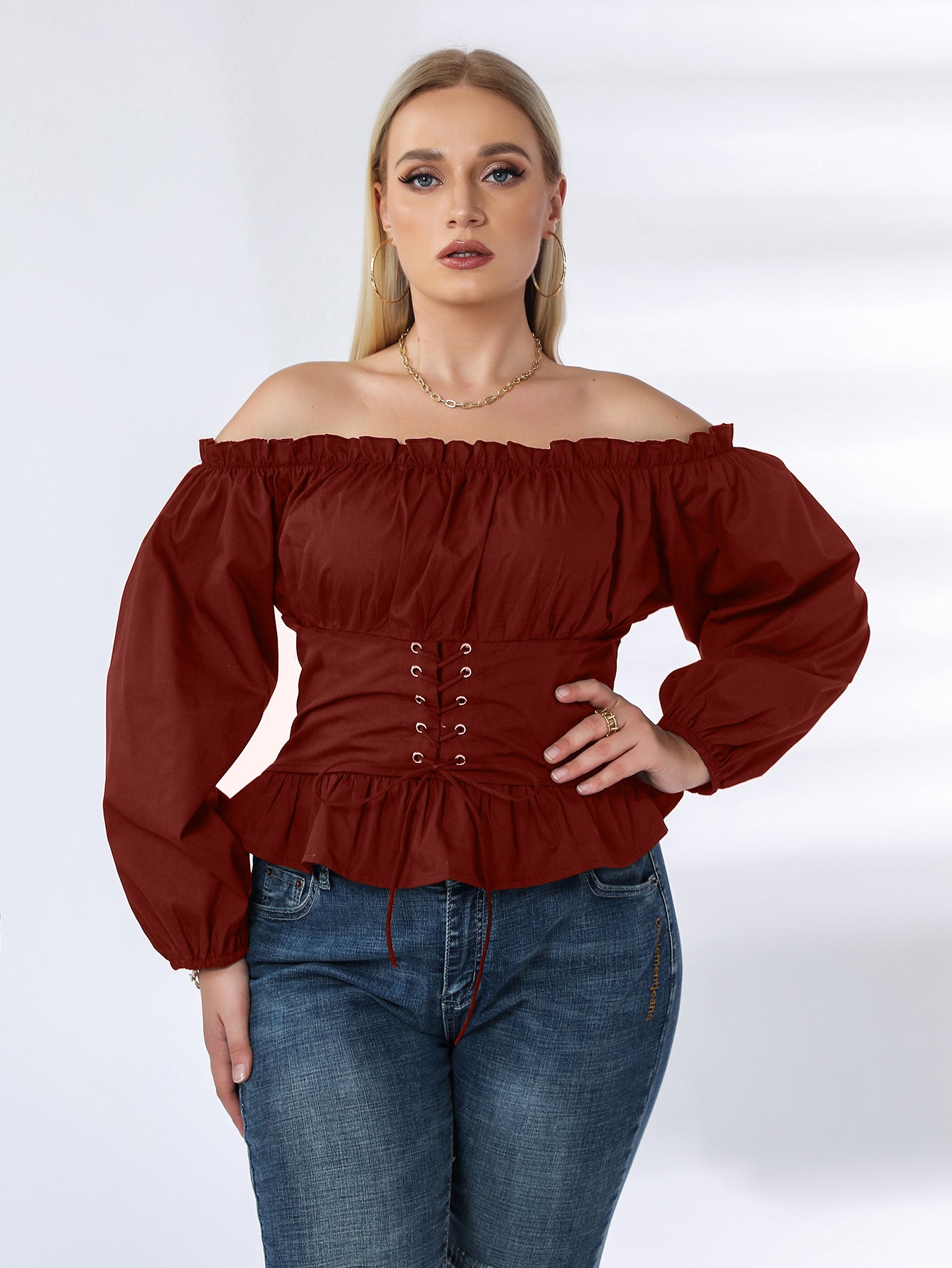 Plus Off Shoulder Lace Up Ruffle Hem Peplum Blouse - Fashionpara