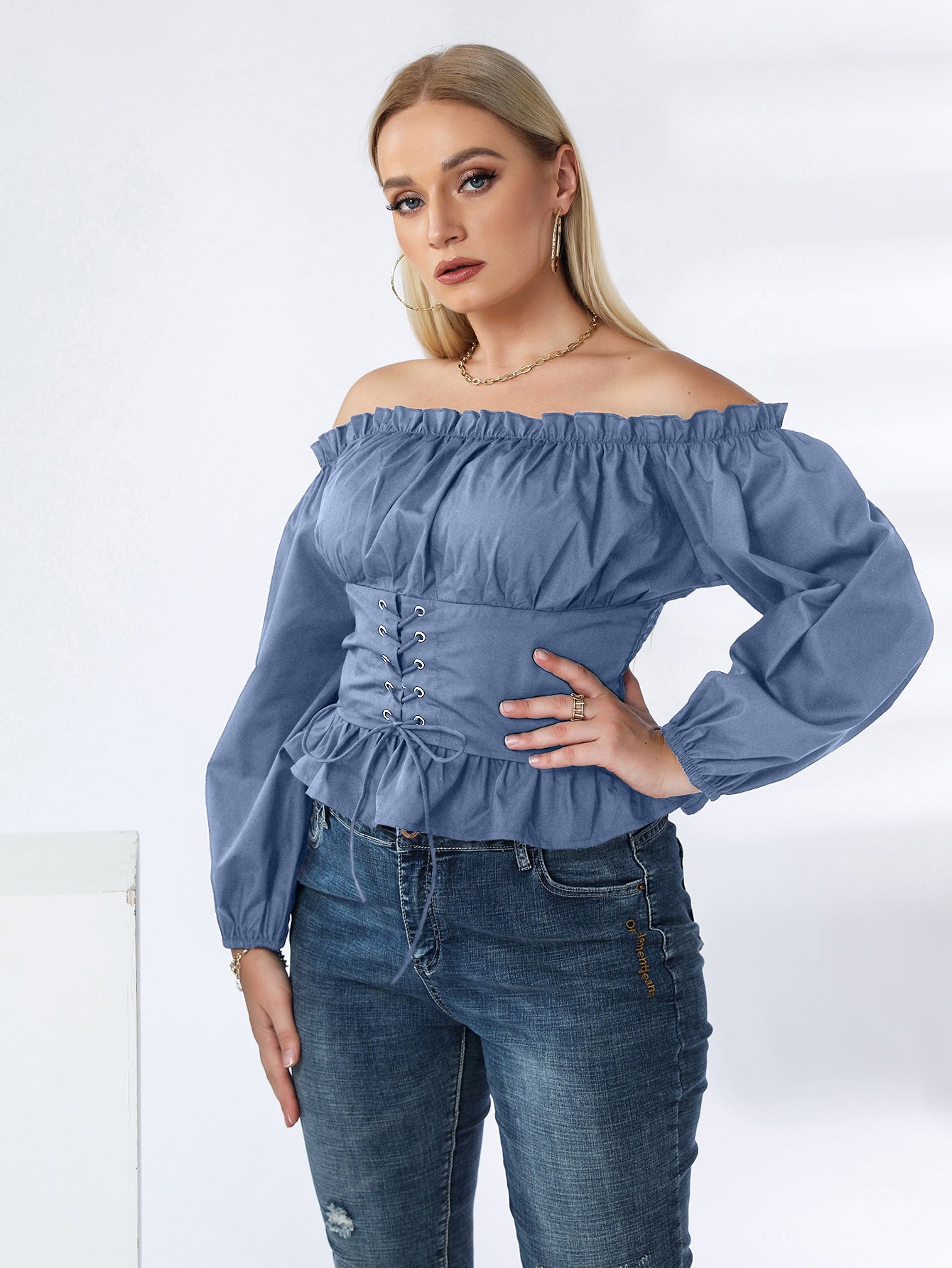 Plus Off Shoulder Lace Up Ruffle Hem Peplum Blouse - Fashionpara