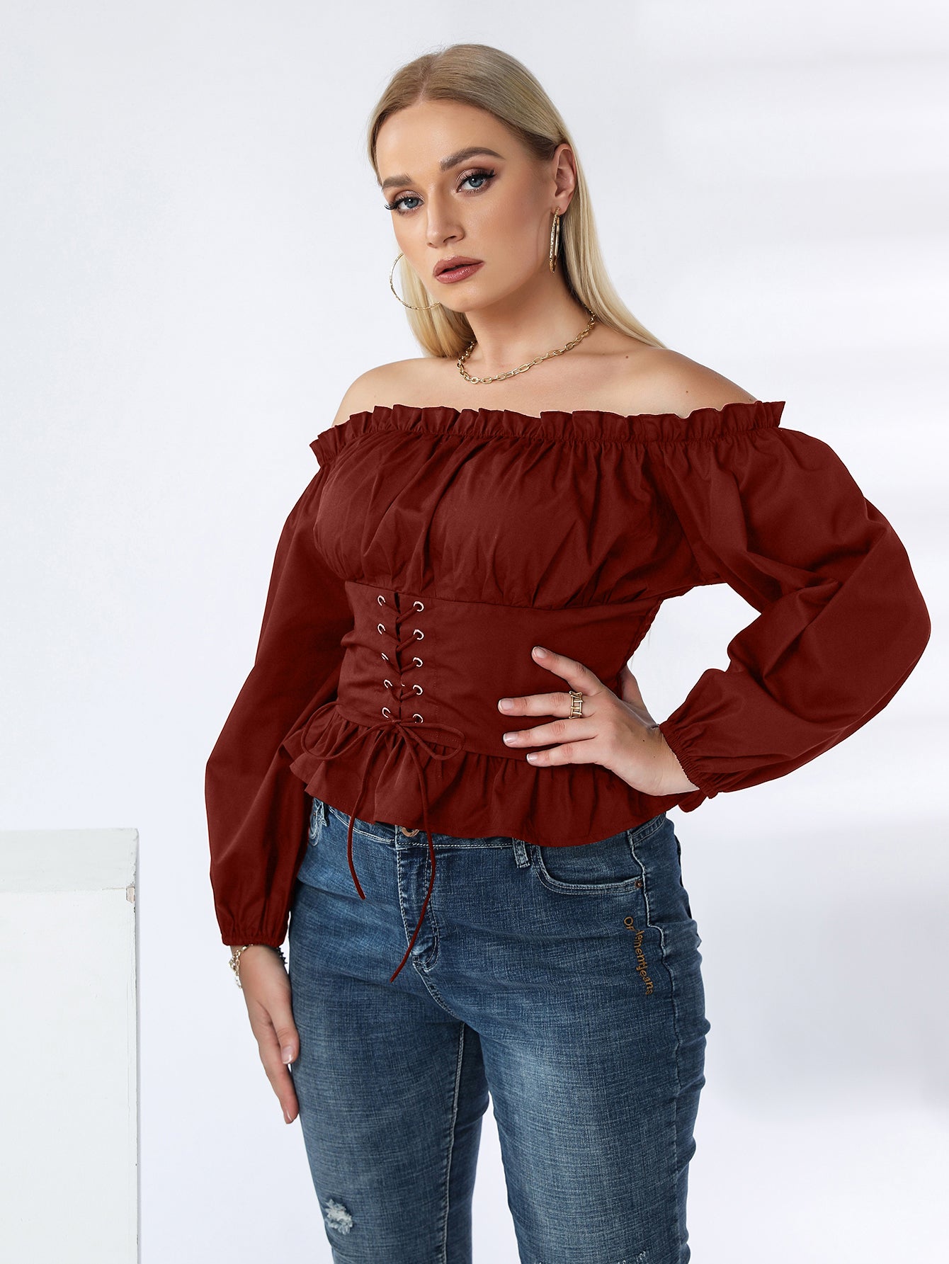 Plus Off Shoulder Lace Up Ruffle Hem Peplum Blouse - Fashionpara