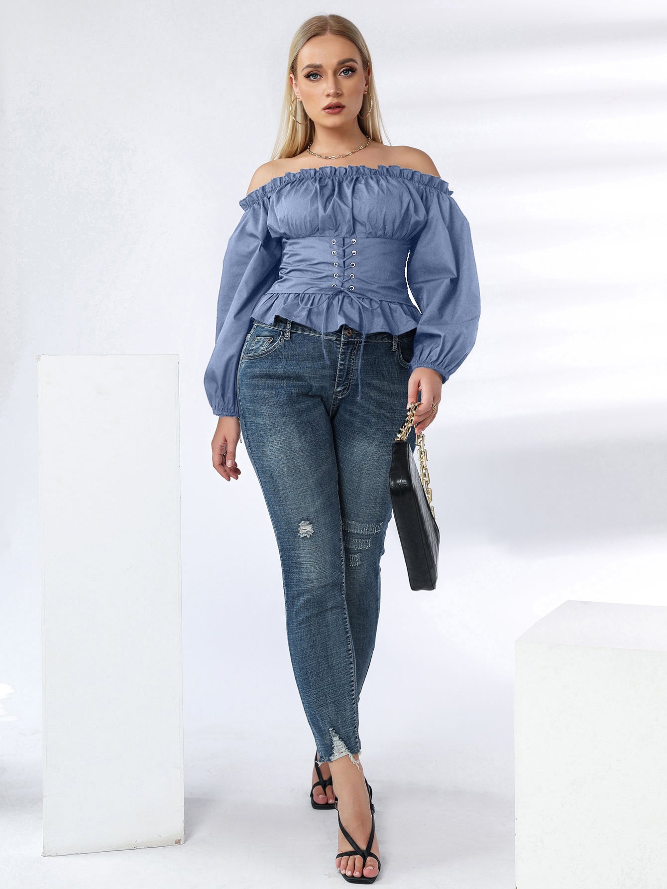 Plus Off Shoulder Lace Up Ruffle Hem Peplum Blouse - Fashionpara