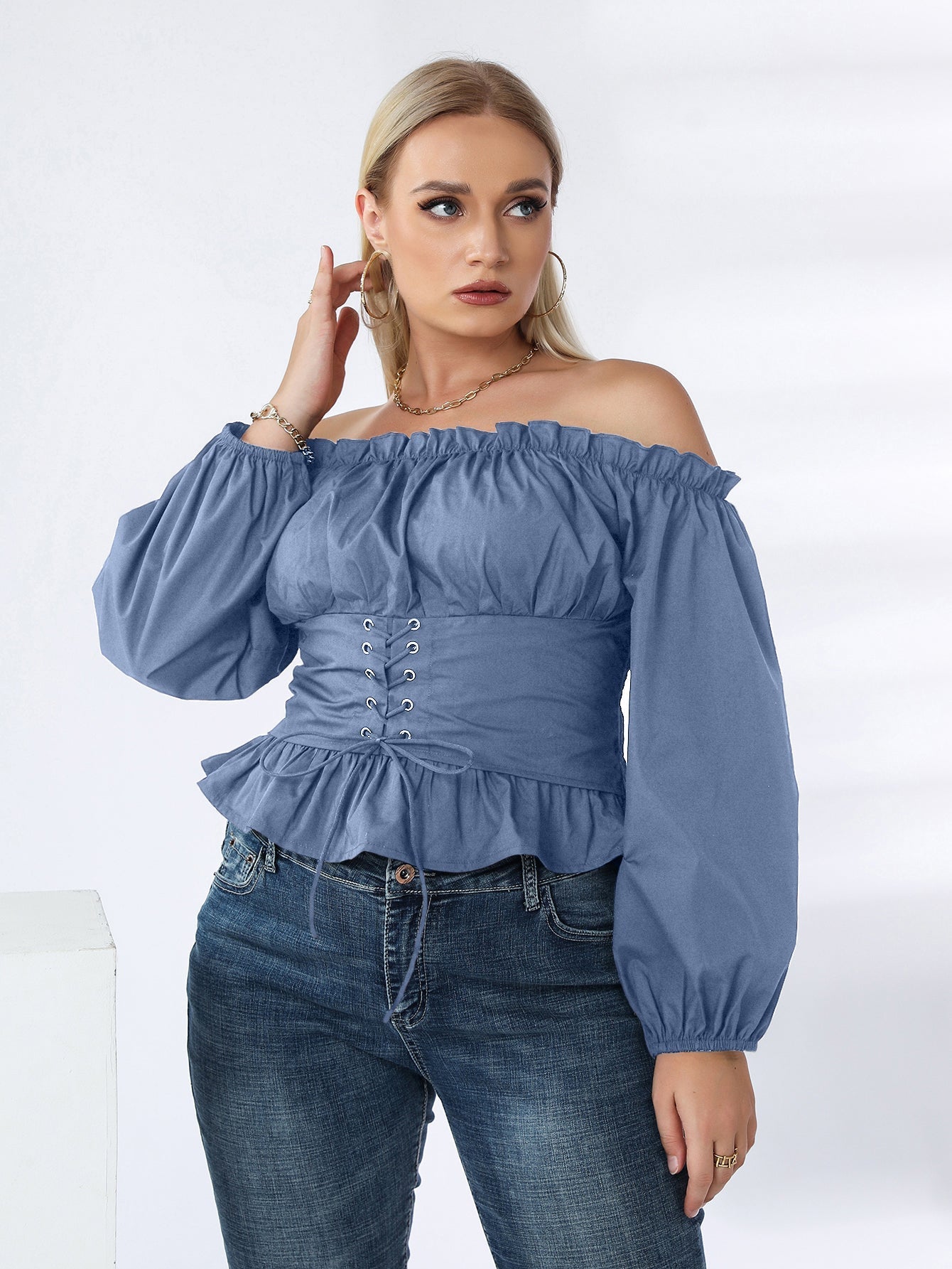 Plus Off Shoulder Lace Up Ruffle Hem Peplum Blouse - Fashionpara