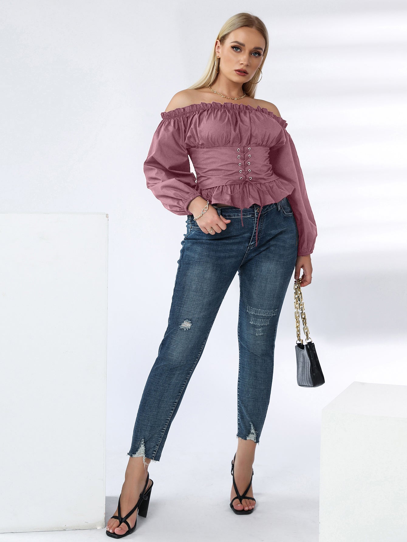 Plus Off Shoulder Lace Up Ruffle Hem Peplum Blouse - Fashionpara