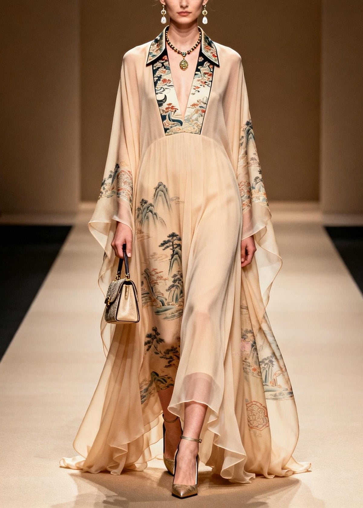 Oriental Landscape Print Deep V-Neck Butterfly Sleeve Maxi Gown