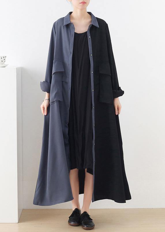 Long Sleeve Button Down Split Panel Flap Pocket Shirt Maxi Dress - View 2