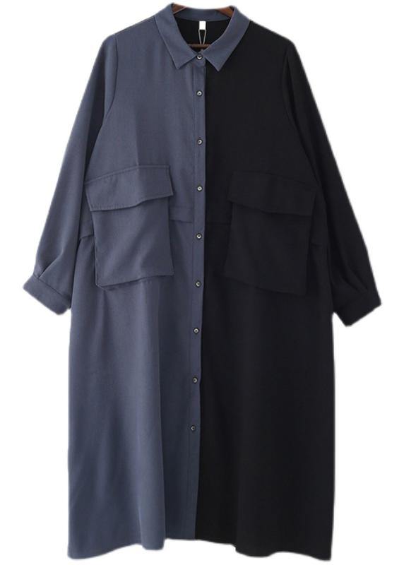 Long Sleeve Button Down Split Panel Flap Pocket Shirt Maxi Dress - View 5