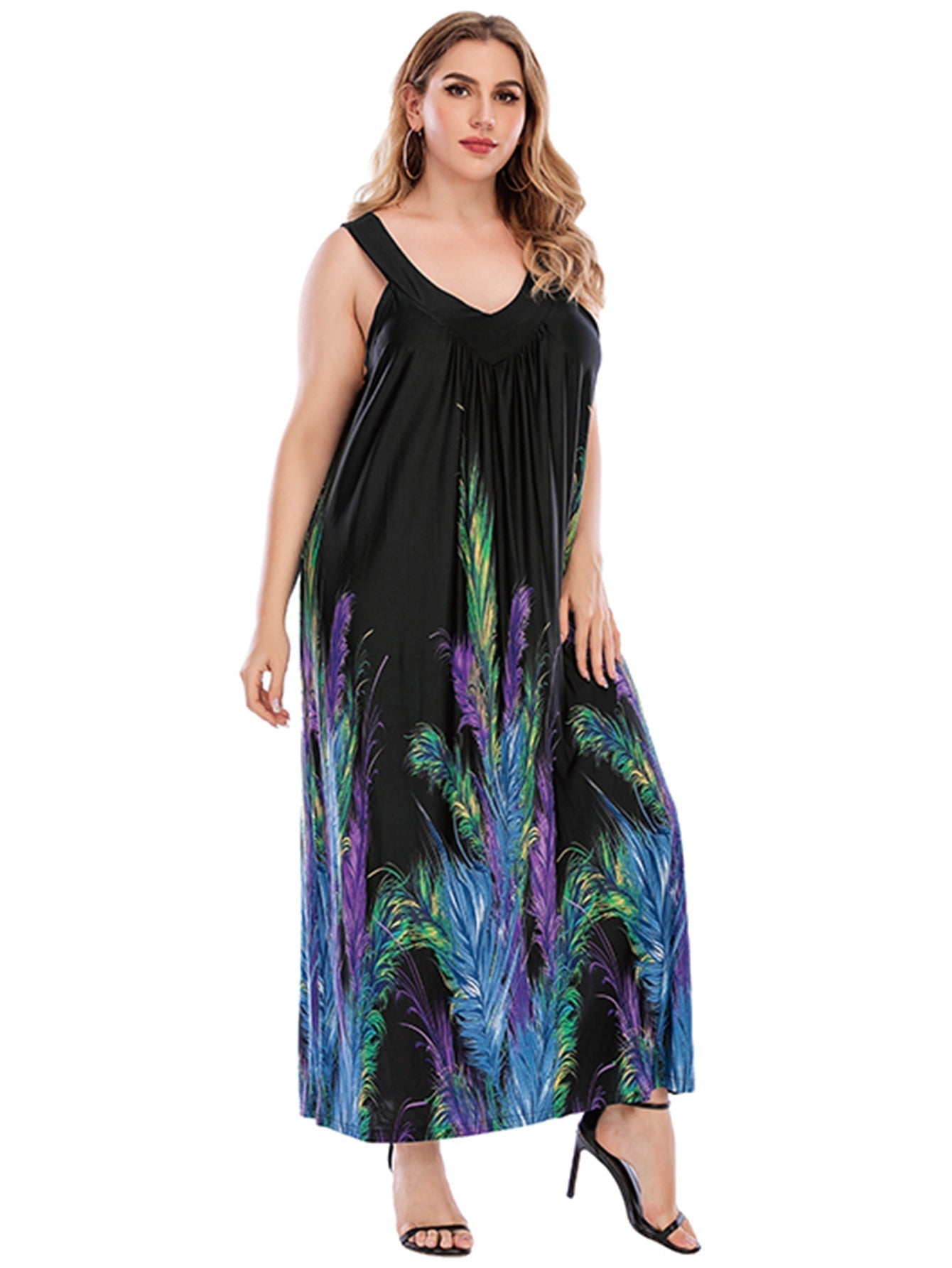 Plus Size Black with Feather Print V-neck Dress - Fashionpara
