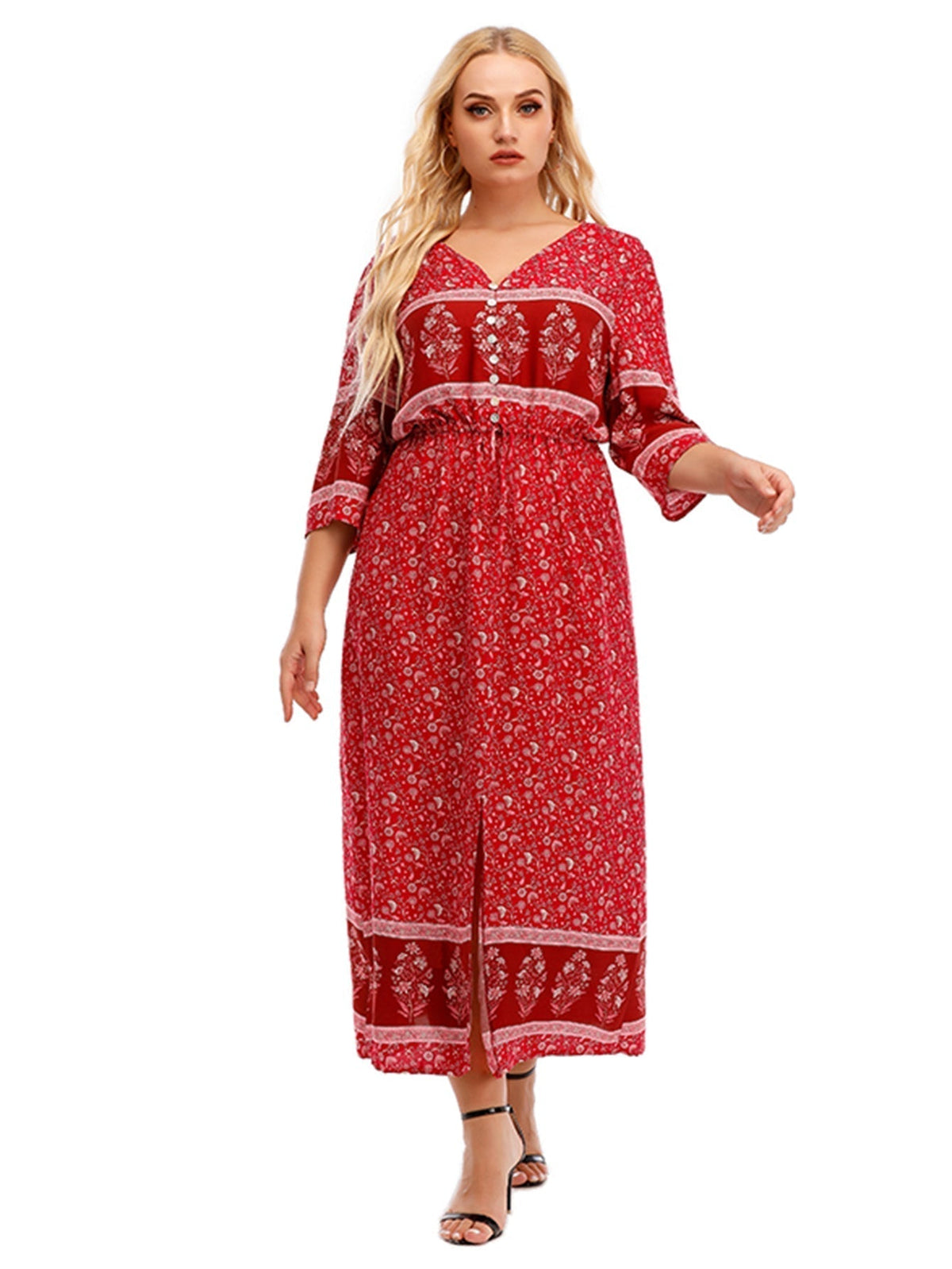 Bohemian Print V-Neck Button Front Maxi Dress