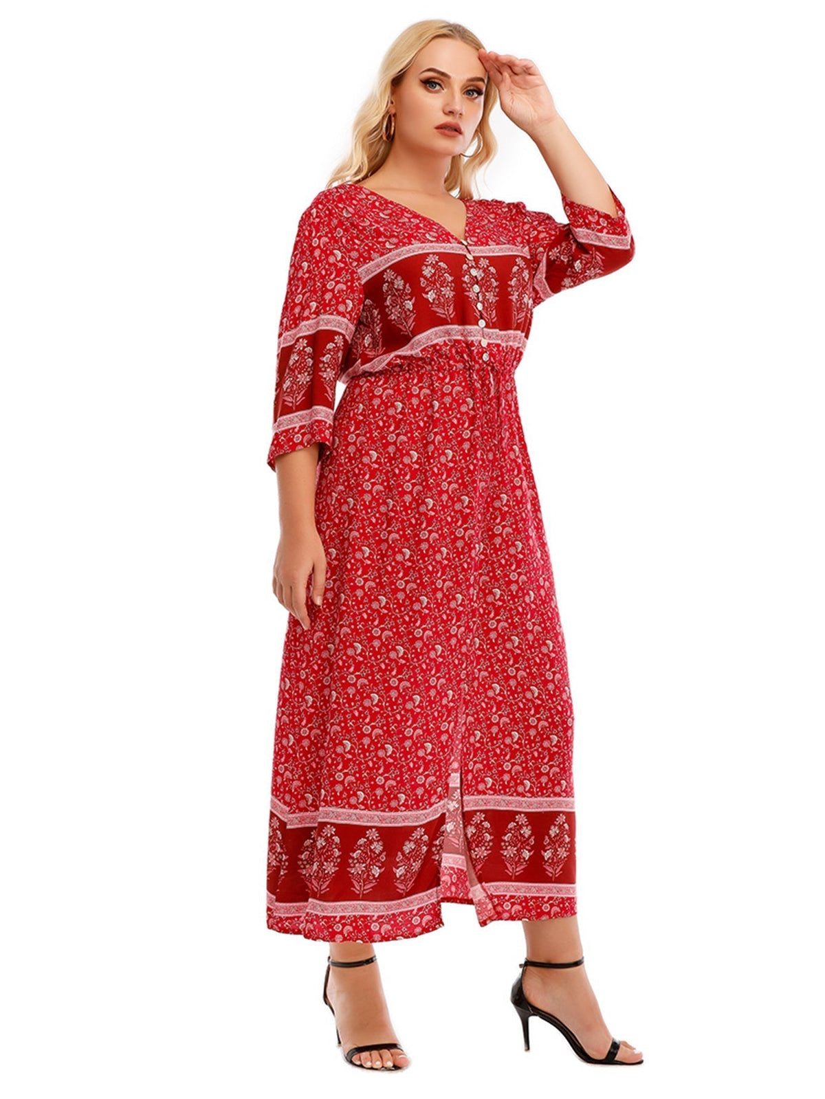 Bohemian Print V-Neck Button Front Maxi Dress