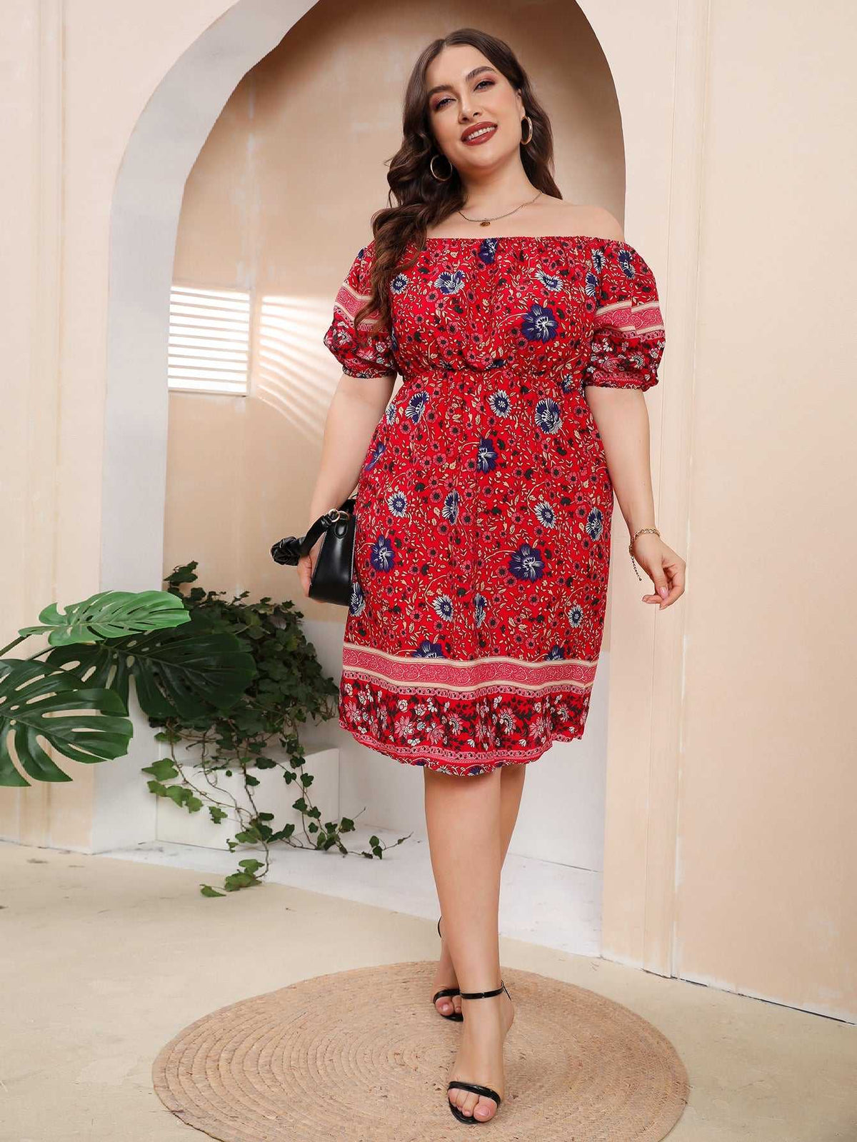 KittenAlarm - Plus Size Boho Print Off Shoulder Elastic Waist Dress