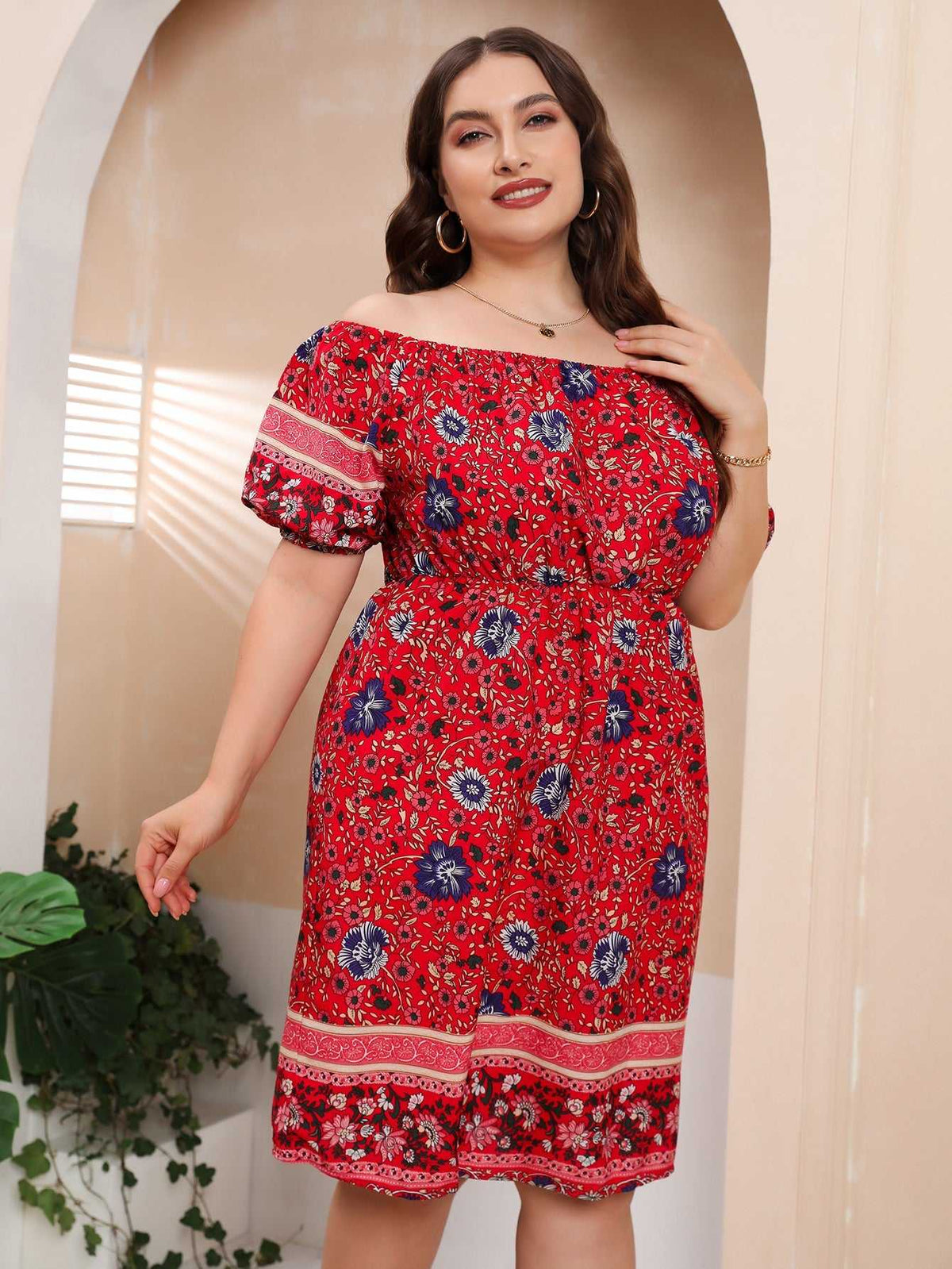 KittenAlarm - Plus Size Boho Print Off Shoulder Elastic Waist Dress