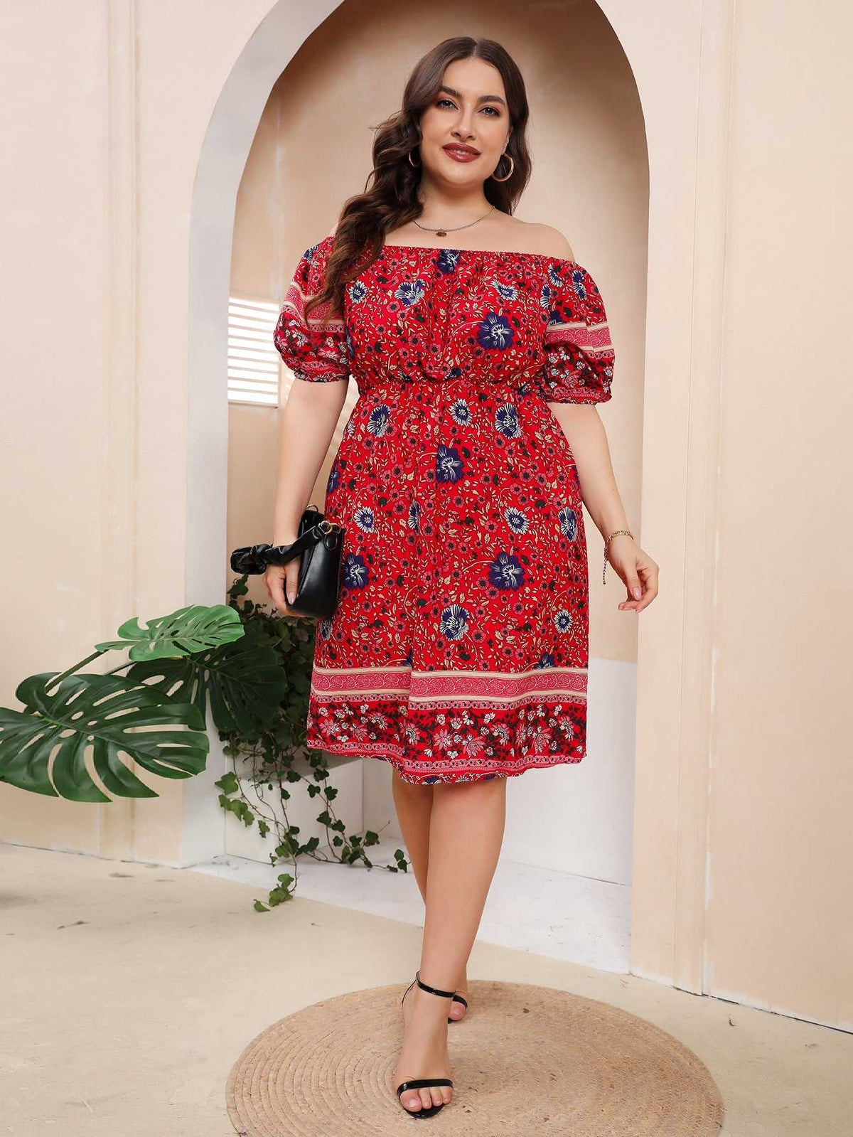 KittenAlarm - Plus Size Boho Print Off Shoulder Elastic Waist Dress