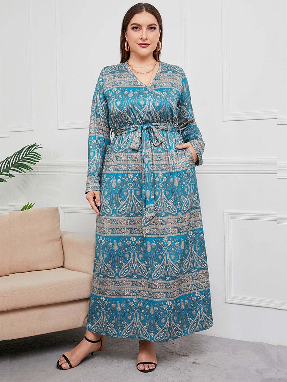 Paisley Print V-Neck Long Sleeve Belted Maxi Dress