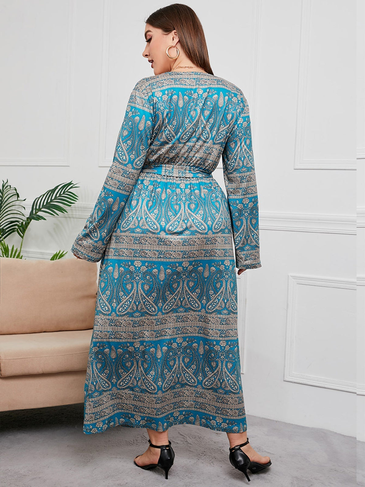 Paisley Print V-Neck Long Sleeve Belted Maxi Dress