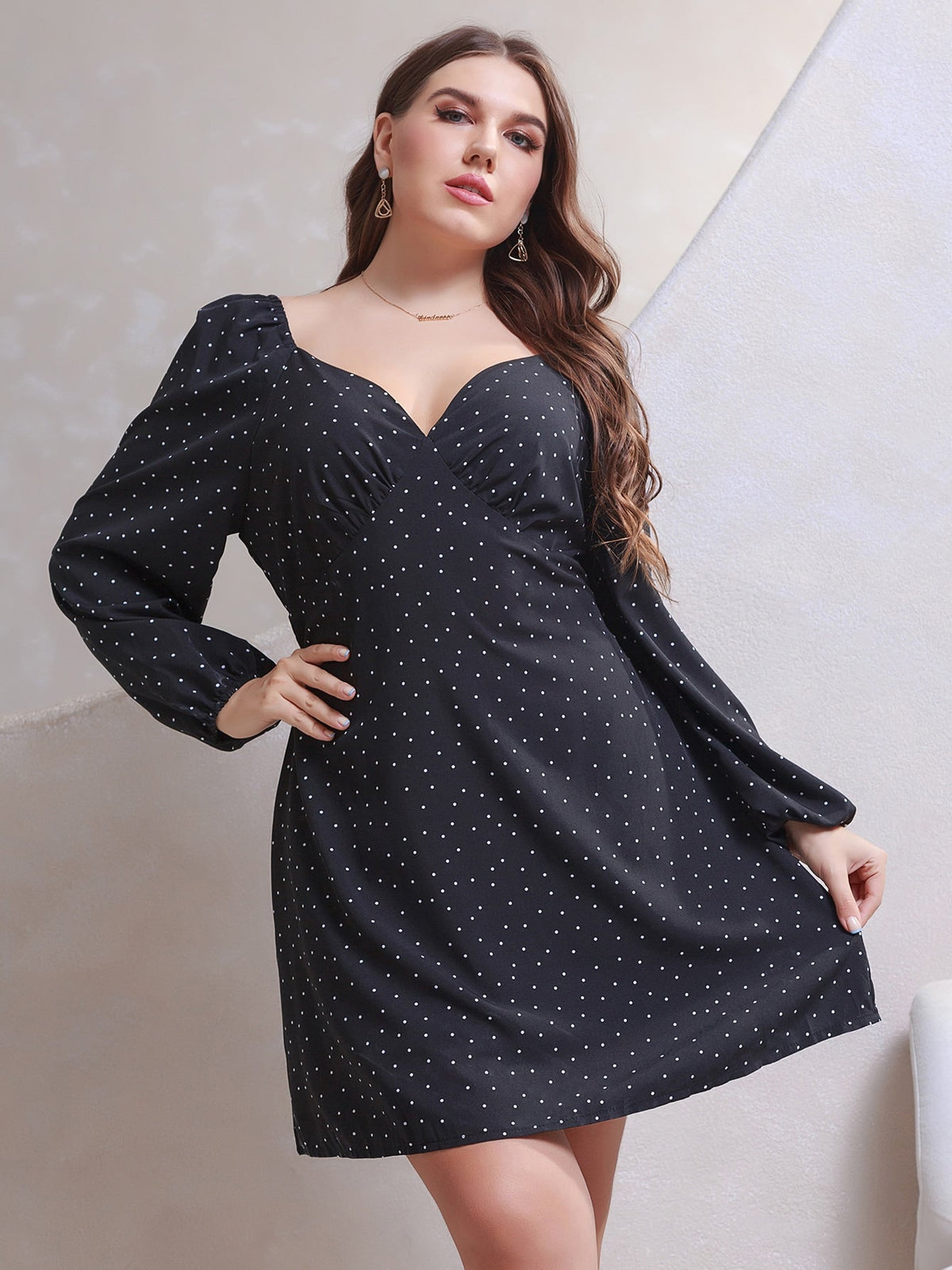 Polka Dot Sweetheart Long Sleeve Shift Mini Dress
