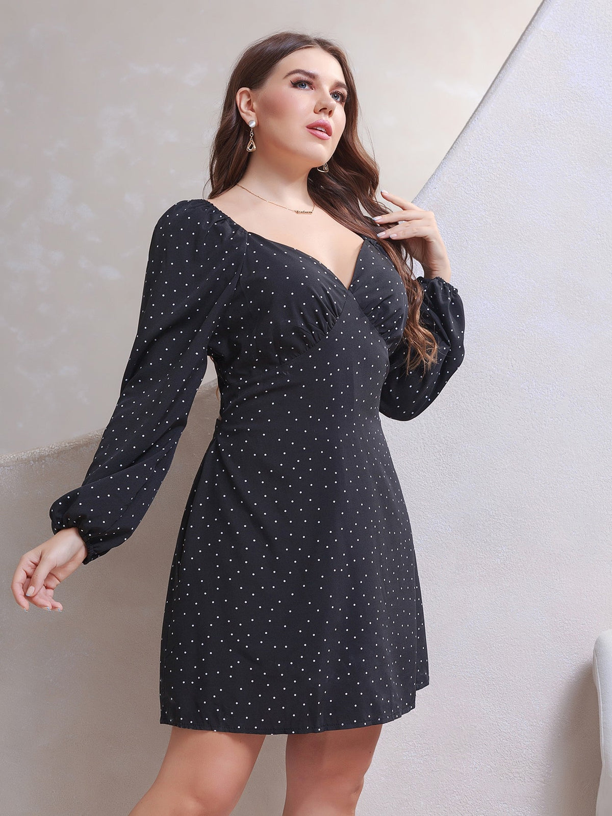 Polka Dot Sweetheart Long Sleeve Shift Mini Dress