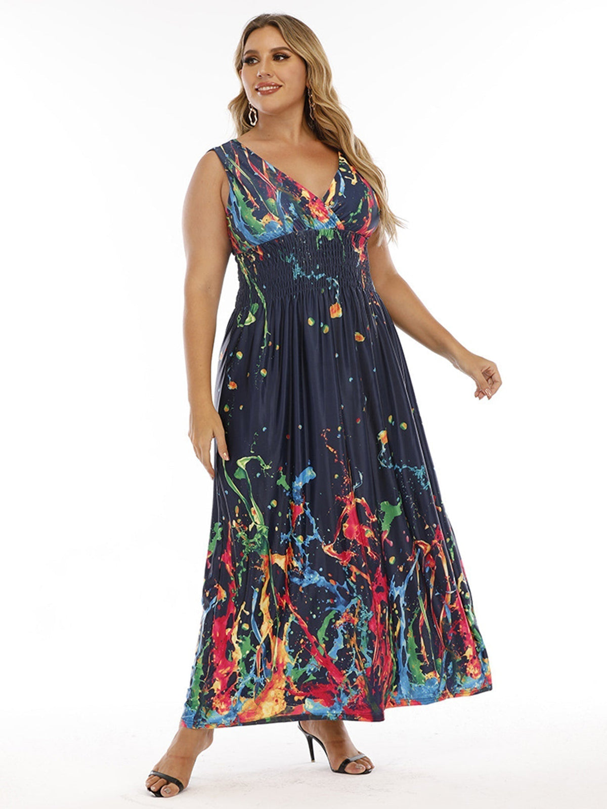 Abstract Print V-Neck Sleeveless Maxi Dress