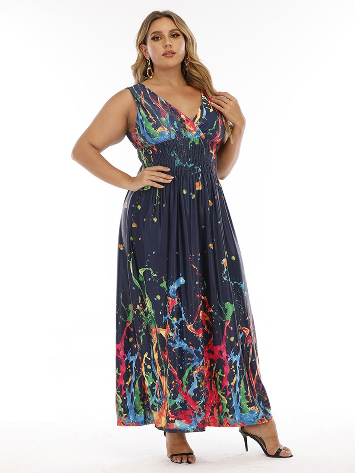 Abstract Print V-Neck Sleeveless Maxi Dress