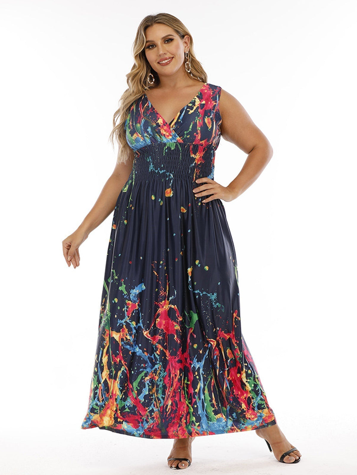 Abstract Print V-Neck Sleeveless Maxi Dress