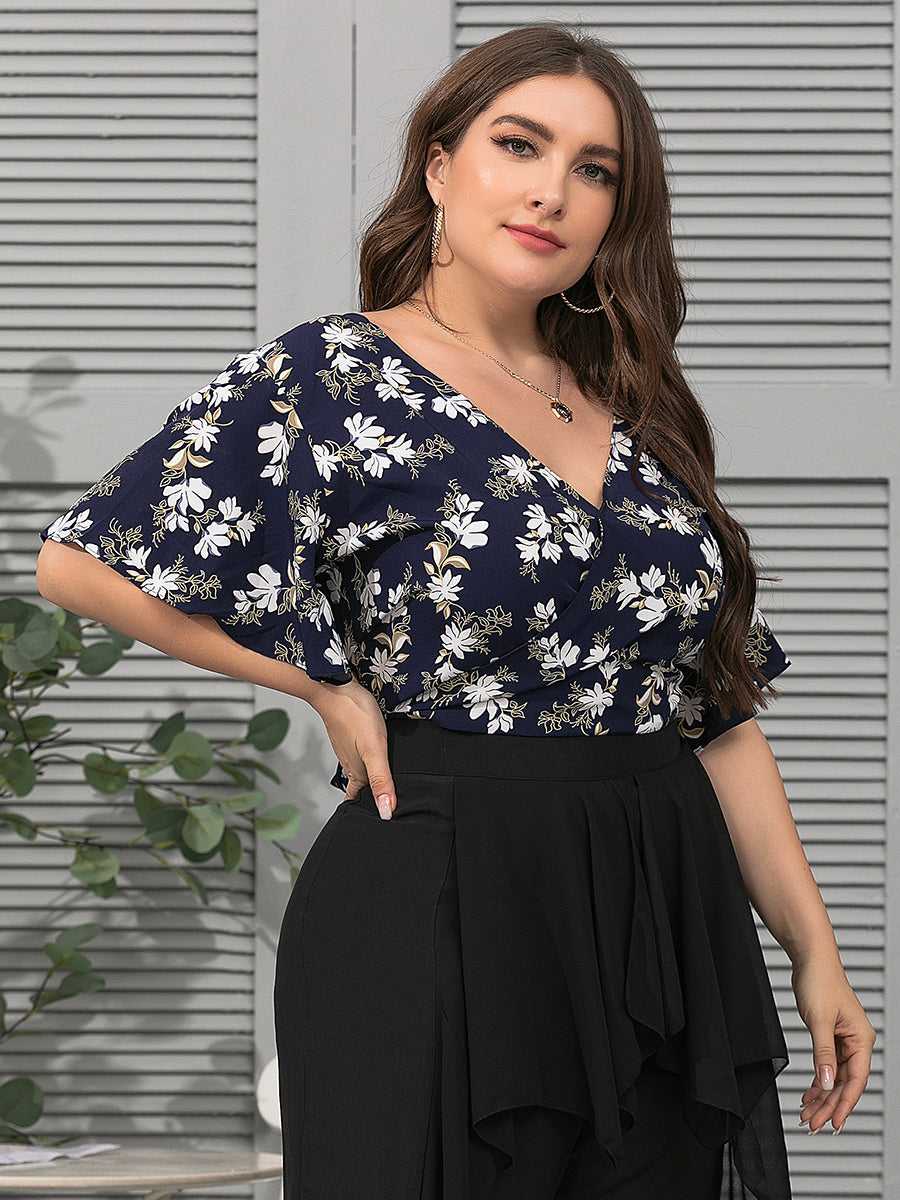 Plus Size Fashion Women V Neck Flower Printing Backless Blouse Shirt - Fashionpara