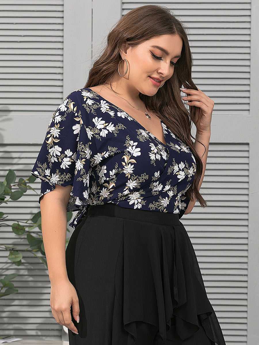 Plus Size Fashion Women V Neck Flower Printing Backless Blouse Shirt - Fashionpara