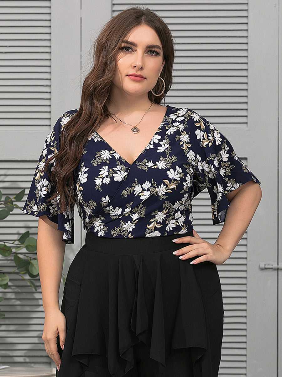 Plus Size Fashion Women V Neck Flower Printing Backless Blouse Shirt - Fashionpara