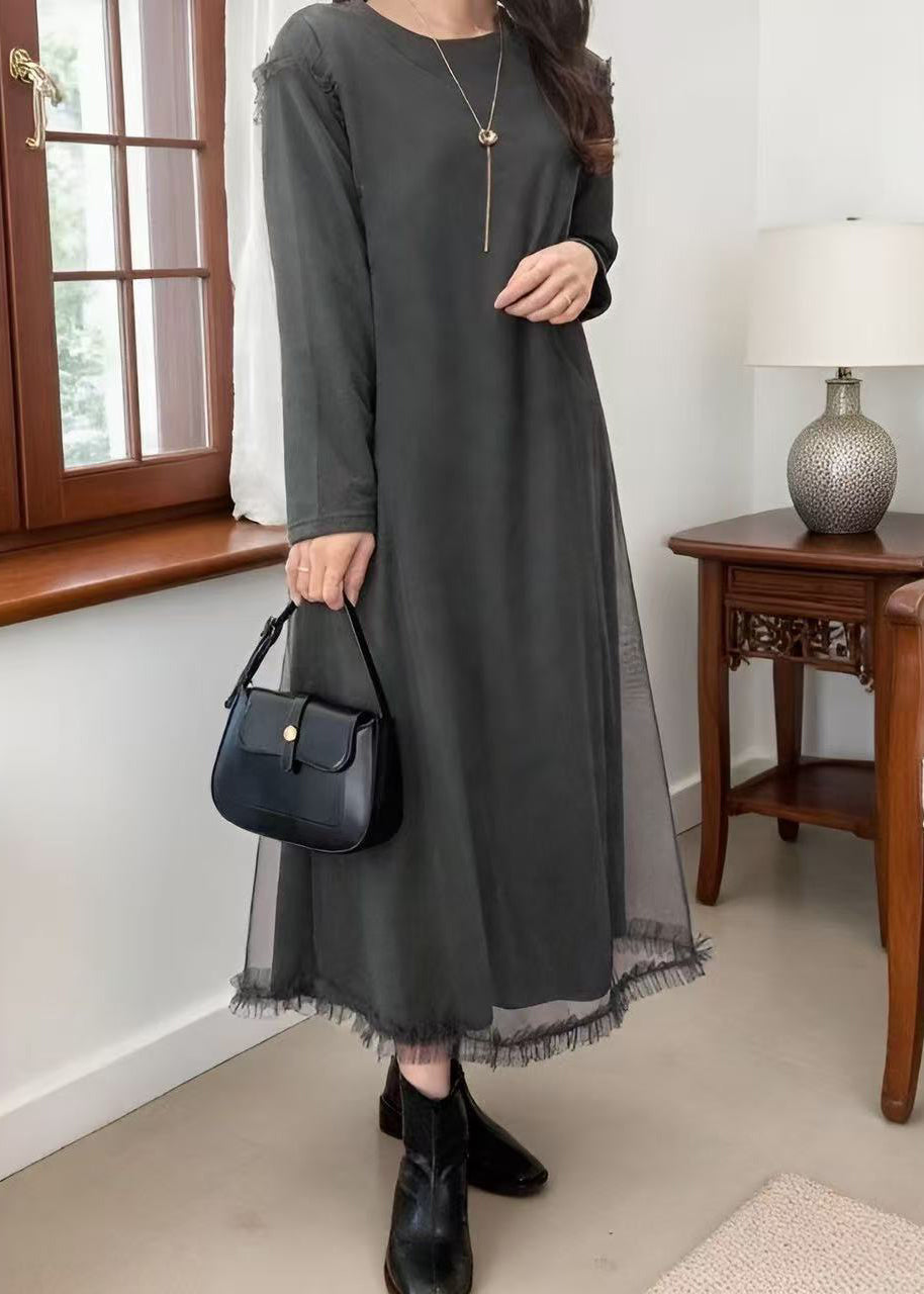 Long Sleeve Round Neck Tulle Overlay Ruffle Hem Midi Dress