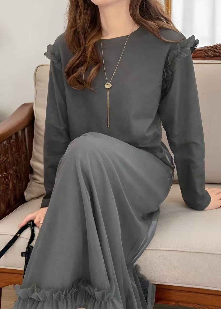 Long Sleeve Round Neck Tulle Overlay Ruffle Hem Midi Dress - View 4