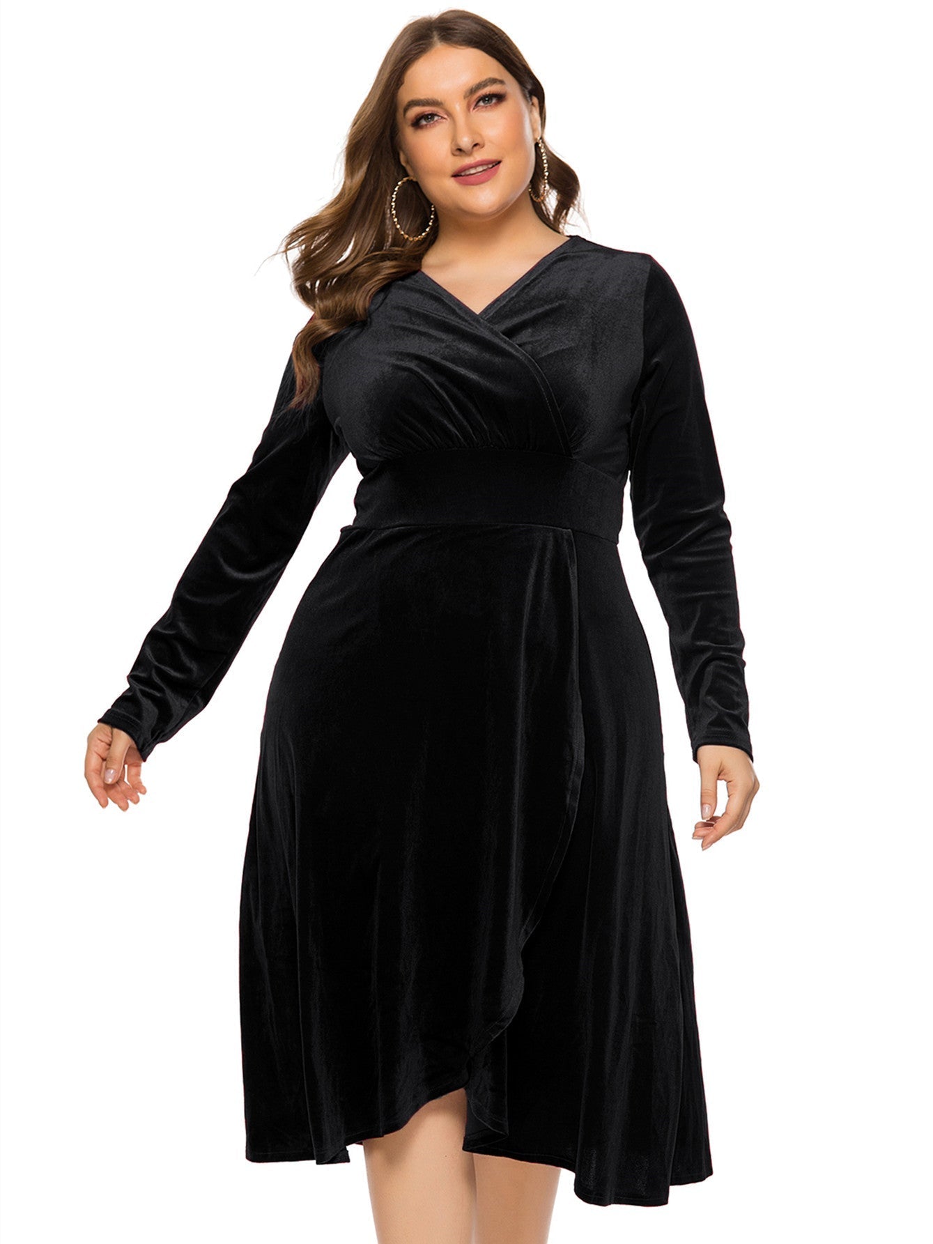 Plus Size High-low Velvet Long Sleeve Party Dress - Fashionpara