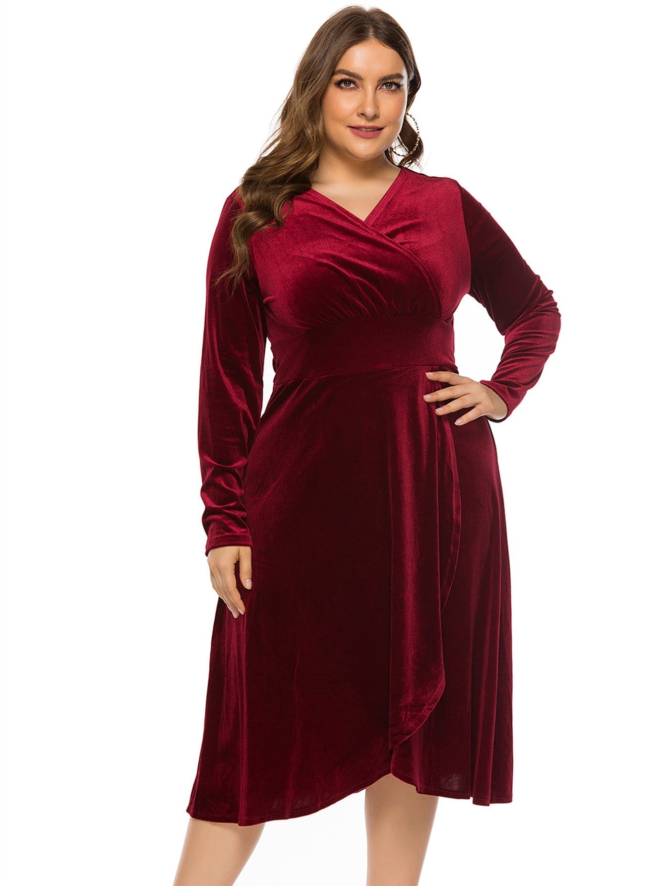 Plus Size High-low Velvet Long Sleeve Party Dress - Fashionpara