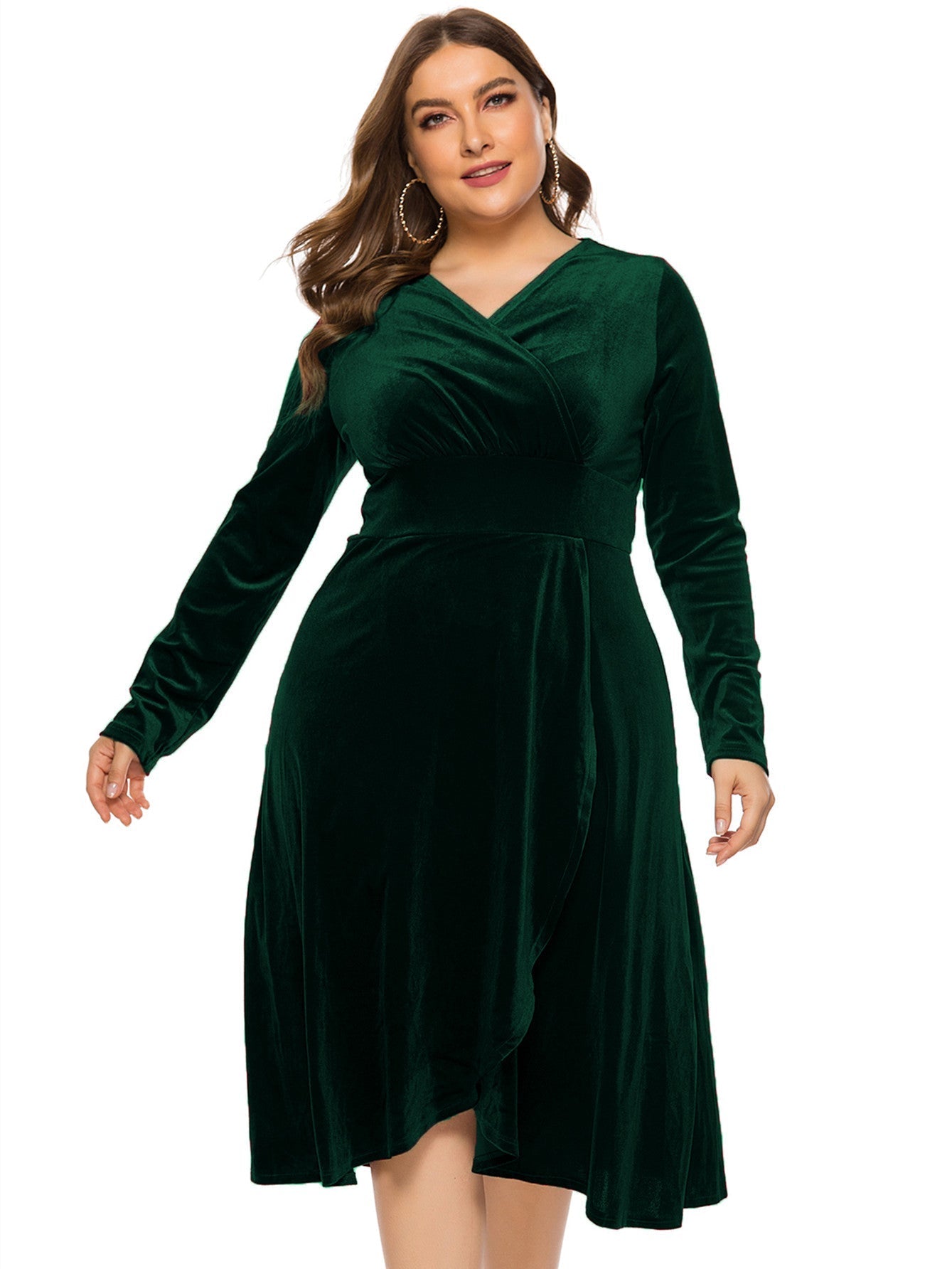 Plus Size High-low Velvet Long Sleeve Party Dress - Fashionpara