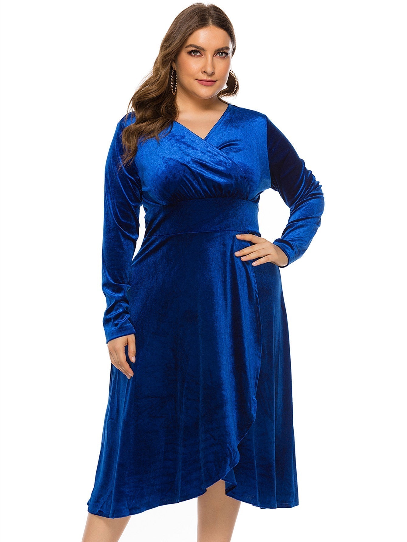 Plus Size High-low Velvet Long Sleeve Party Dress - Fashionpara