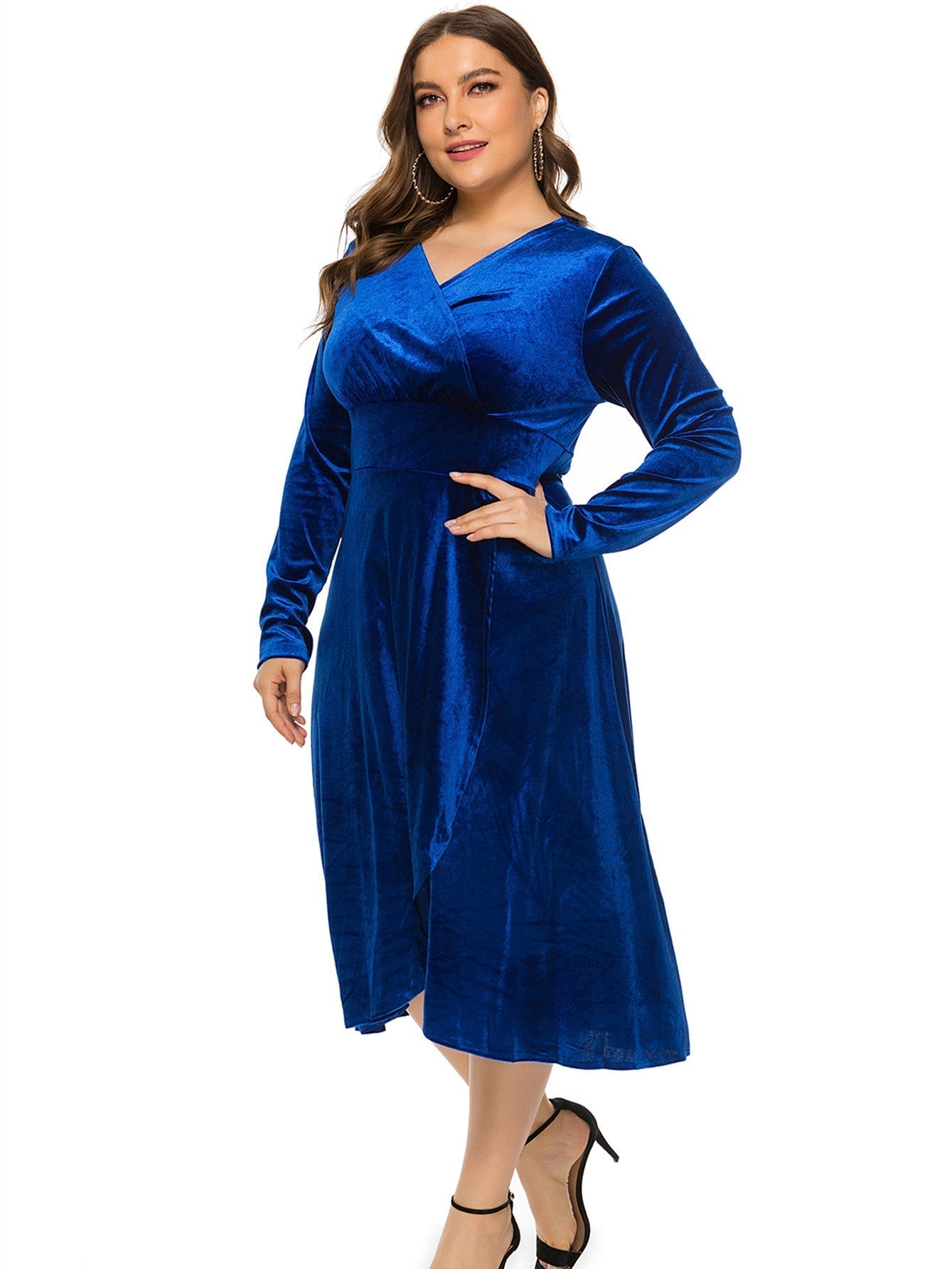 Plus Size High-low Velvet Long Sleeve Party Dress - Fashionpara