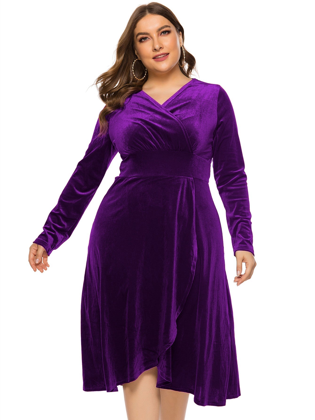 Plus Size High-low Velvet Long Sleeve Party Dress - Fashionpara