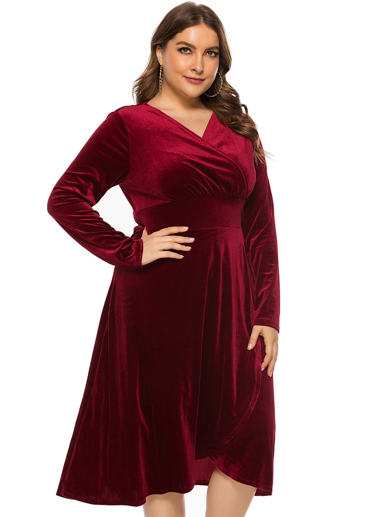 Plus Size High-low Velvet Long Sleeve Party Dress - Fashionpara