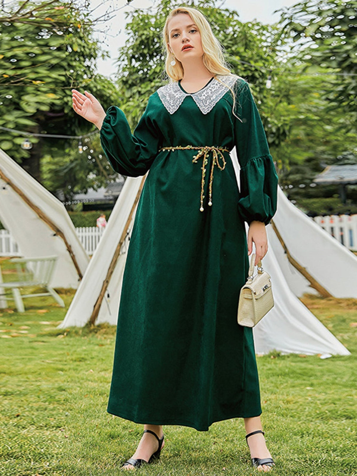 Lace Collar Long Puff Sleeve Belted Maxi Dress