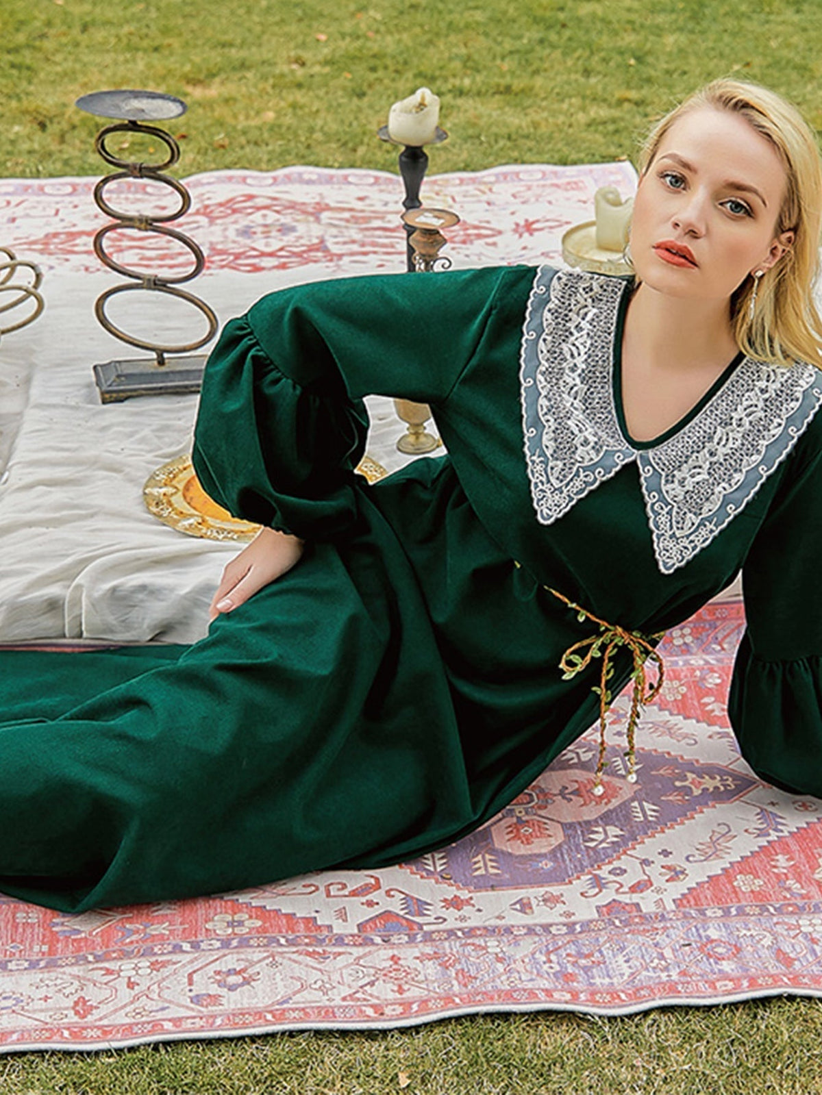 Lace Collar Long Puff Sleeve Belted Maxi Dress