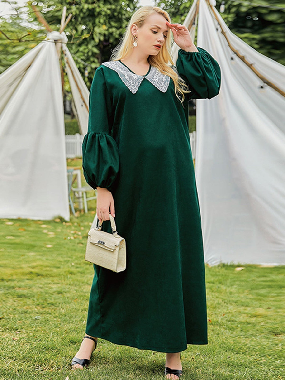 Lace Collar Long Puff Sleeve Belted Maxi Dress