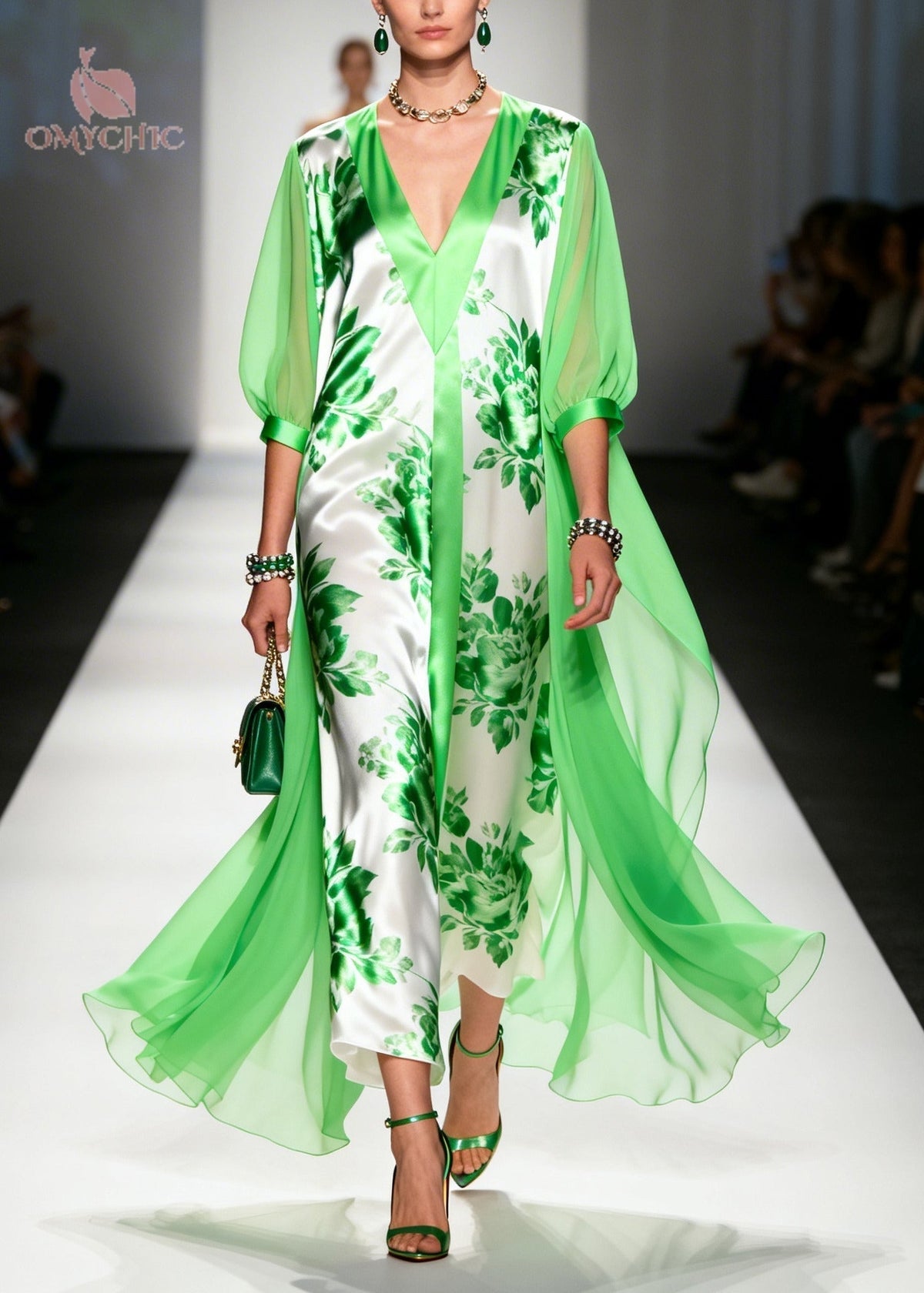 Floral Print Satin Deep V-Neck Sheer Cape Bishop Sleeve Maxi Gown - View 5