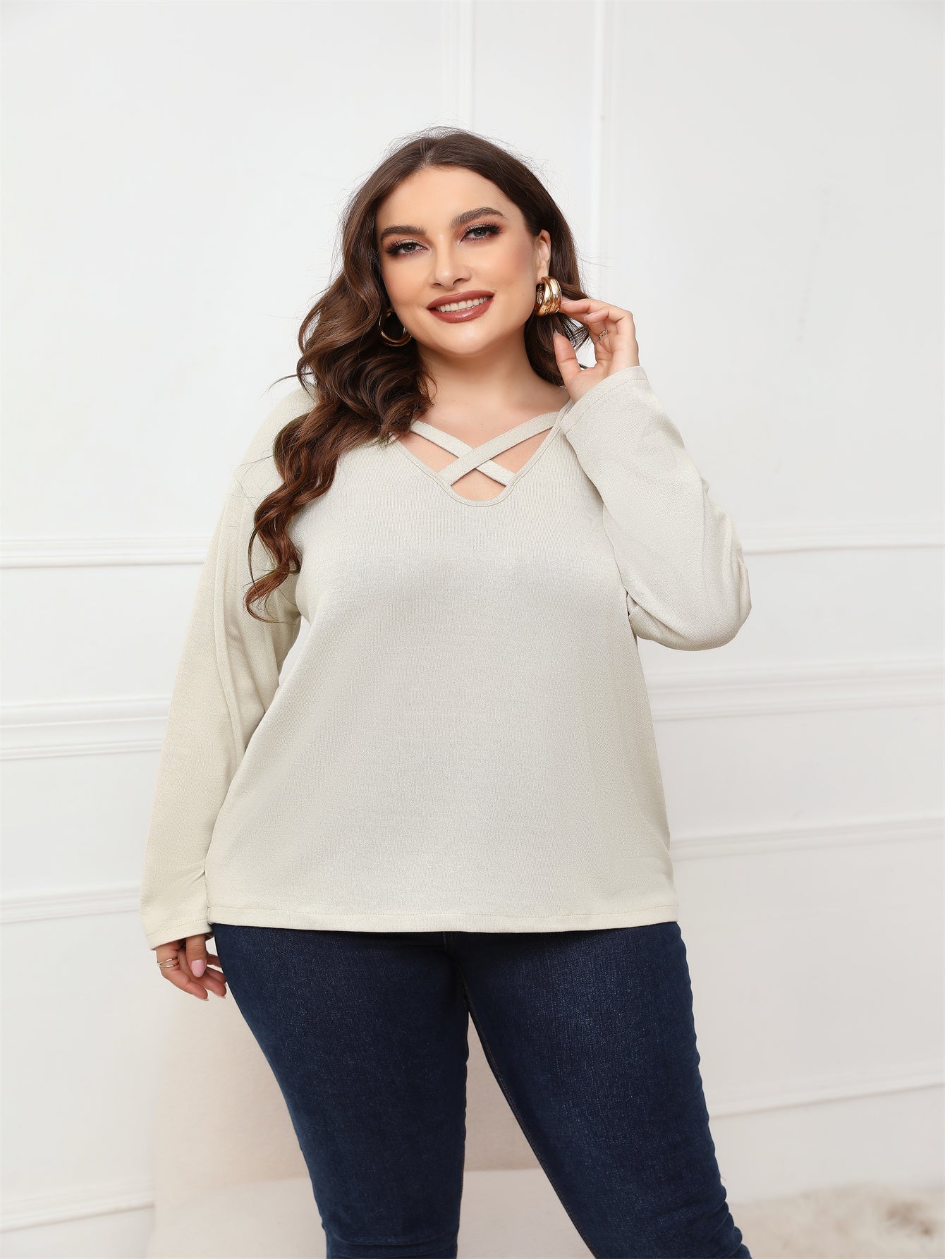 Plus Size Long Sleeve Crisscross Neck Top Blouse - Fashionpara